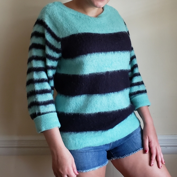 J. Crew Sweaters - J. Crew Mint Green Navy Fuzzy Knit Pullover Sweater